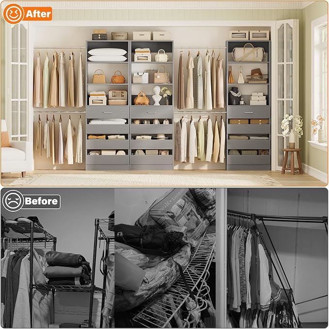 Aheaplus Closet System with 12 Drawers, 8.5-11.5Ft Wood Closet Organizer | Grey Closet Storage with 4 Hanging Rods & 3 Towers, 4Ft & 6Ft L-Shaped Walk-in Closets Wardrobe Organizer, Set of 3