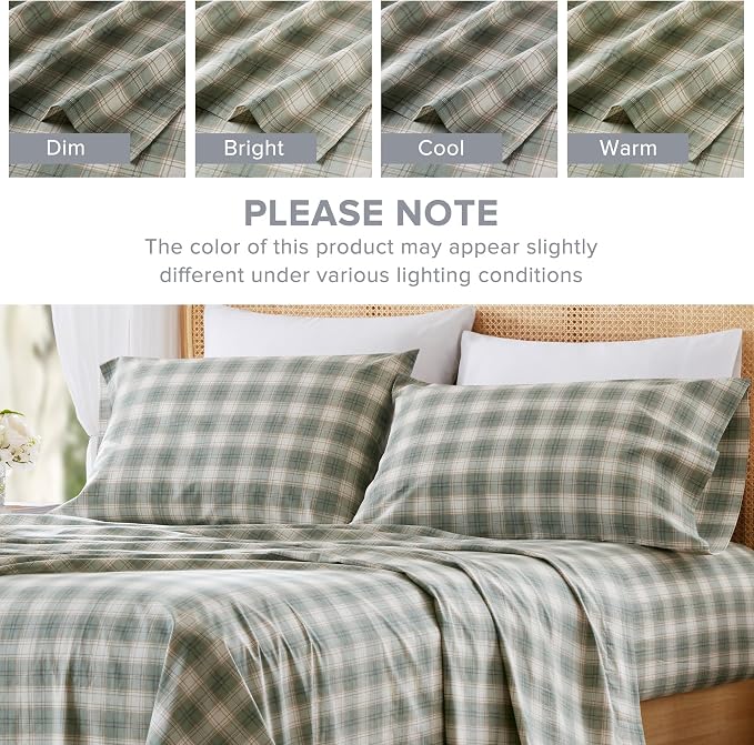 Comfort Spaces 100% Cotton Percale Sheets Twin XL Size 3 Pcs, Wesley Green | Crisp, Cool & Breathable Bed Sheets, 12" Deep Pocket Fits Up to 14" Mattress, Lightweight, All Season Cozy, with Pillow Case