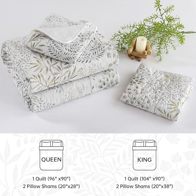 WONGS BEDDING Floral Quilt Set King Size, 3 Pcs White Bedspread Coverlet | Botanical Print Quilt Set for Spring Summer, Lightweight Microfiber Farmhouse Quilted Bed Cover for Guest Room 110"×90"