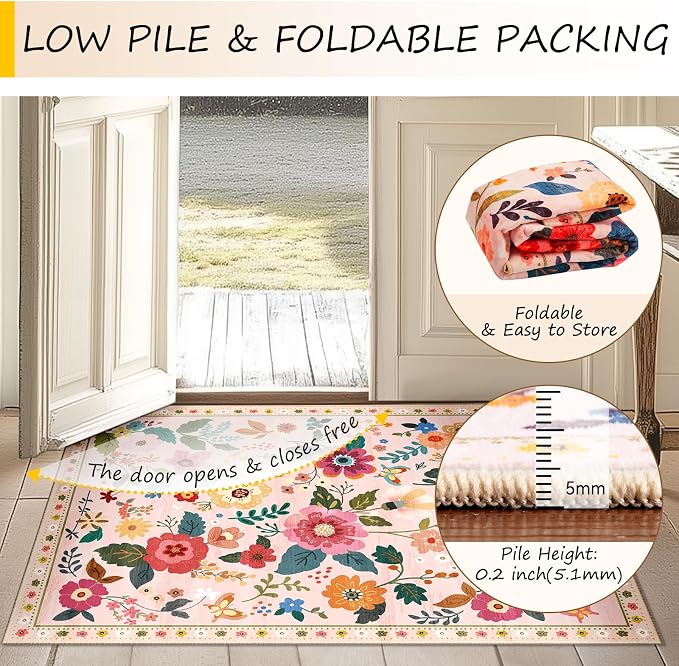 RELEANY Floral Washable 9x12 Area Rugs Pink | Flower Carpet, Print, Boho, Non-Slip, Easy to Clean, Soft, Low Pile for Living Room Bedroom Kitchen Office Entryway Hallway