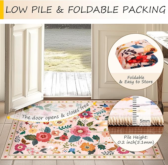 RELEANY Floral Washable 8x10 Area Rugs Pink | Flower Carpet, Print, Boho, Non-Slip, Easy to Clean, Soft, Low Pile for Living Room Bedroom Kitchen Office Entryway Hallway