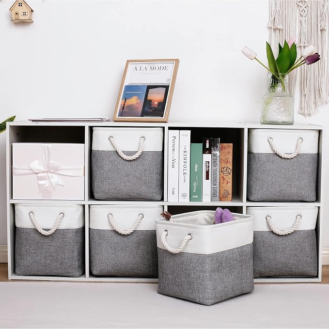 MidmmVick 11 x 11 Inch Cube Storage Bins, 6 Pack Large Collapsible Fabric Storage Bin with Ropes, Foldable Storage Cubes for Home, Office,Closet, Clothes, Toys Organizer (White & Grey-11"x11"x11")