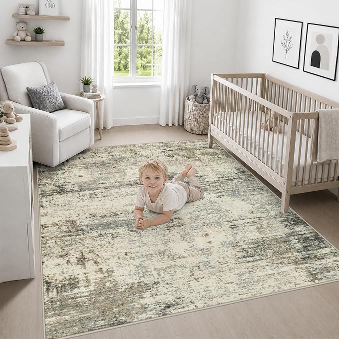 Area Rug Living Room: 4x4 Modern Washable Soft Carpet Ash Brown | For Bedroom Dining Room Farmhouse Nursery Hallway Office,Modern Abstract,Machine washable,Non-Slip,Stain Resistant,Indoor