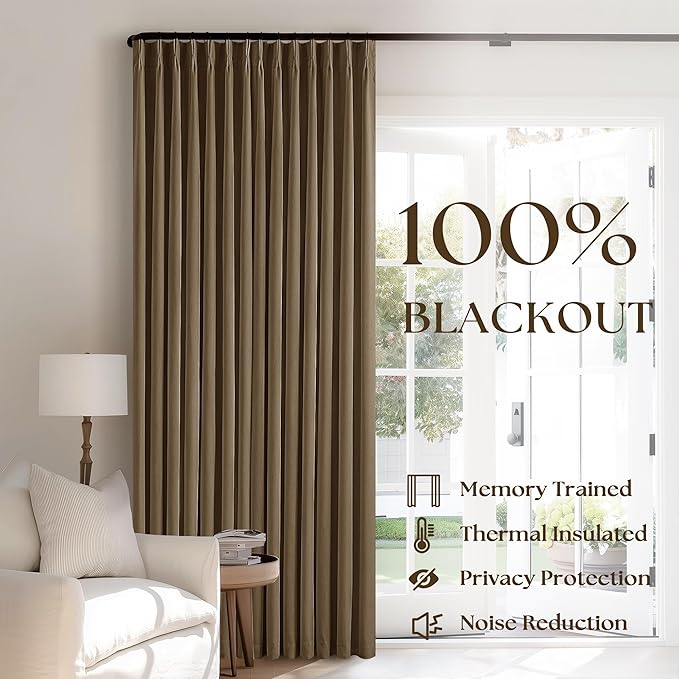 Dutch Cocoa Pinch Pleated Full Blackout Curtains Linen Blend 80 Inches Long | Room Darkening Window Curtains, for Living Room Bedroom, Thermal Insulated, Back Tab Pinch Pleat with Hooks Rings, 2 Panels