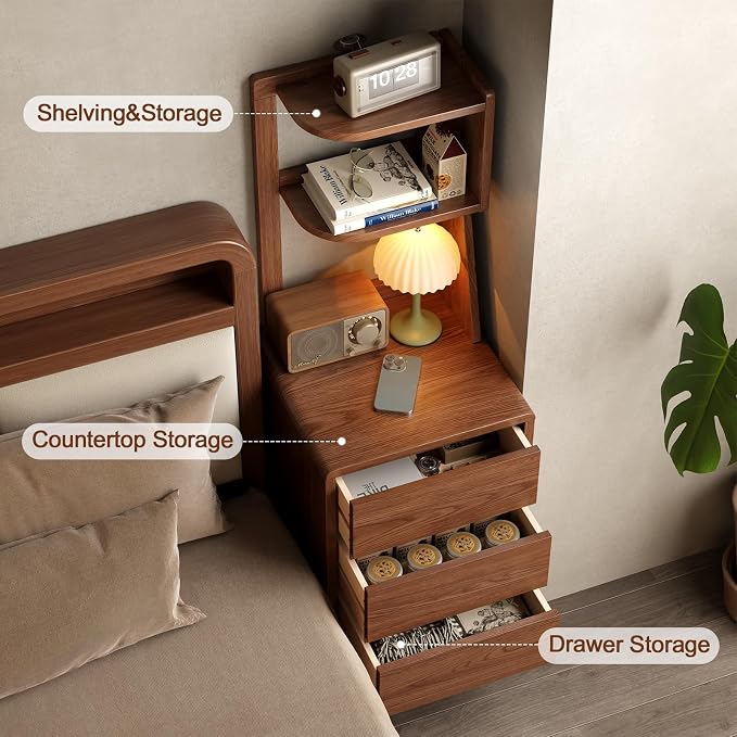 Solid Wood Bookshelf Nightstand Combo, Tall Nightstand with Bookshelf | Walnut Nightstand Bookshelf,Narrow Nightstand with Drawers,Open Shelf Bookcase,for Bedroom,Living Room,Offices