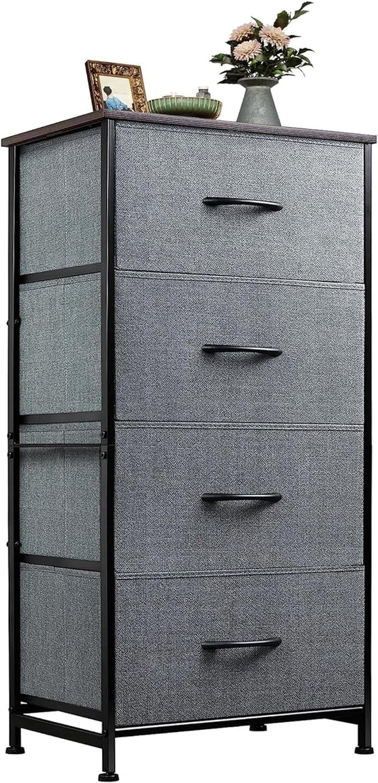 WLIVE Small Dresser Nightstand for Bedroom, 4 Drawers, Dark Grey | 4 vertical fabric drawers, Space-saving tower, Bedroom or closet use, Chest of drawers, Dresser for small spaces