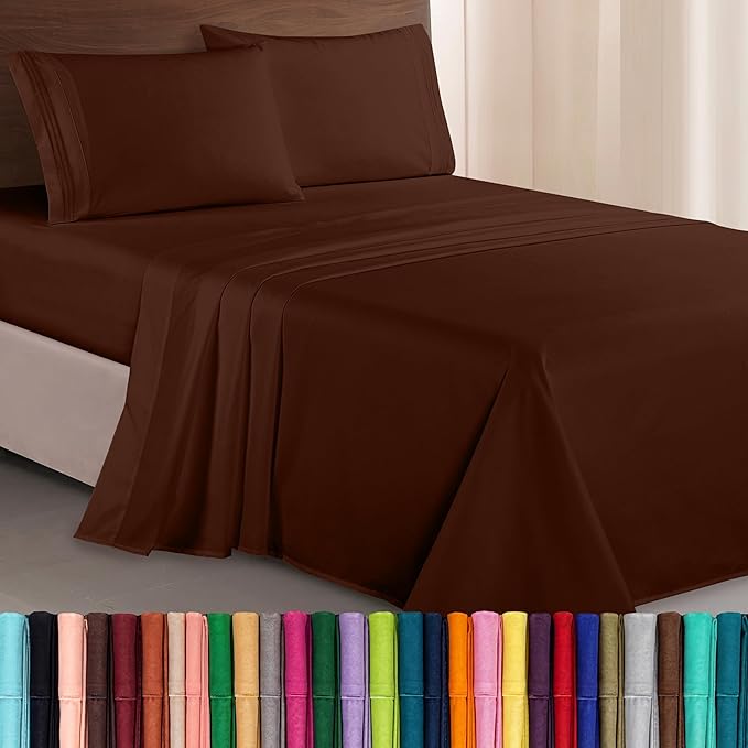 Elegant Comfort Luxurious 1500 Premium Hotel Quality Microfiber Three Line Embroidered Softest 4-Piece Bed Sheet Set, Wrinkle and Fade Resistant, California King, Chocolate Brown
