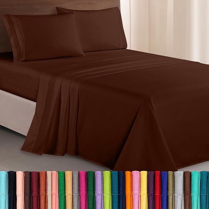 Elegant Comfort Luxurious 1500 Premium Hotel Quality Microfiber Three Line Embroidered Softest 4-Piece Bed Sheet Set, Wrinkle and Fade Resistant, Queen, Chocolate Brown
