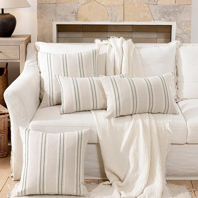 Hckot Stripe Throw Pillow Covers 26x26 Large Square Dark Green Pillow Cover | Farmhouse Decorative Pillows Textured Linen Euro Sham Cushion Covers for Sofa Couch Bed Living Room Decor