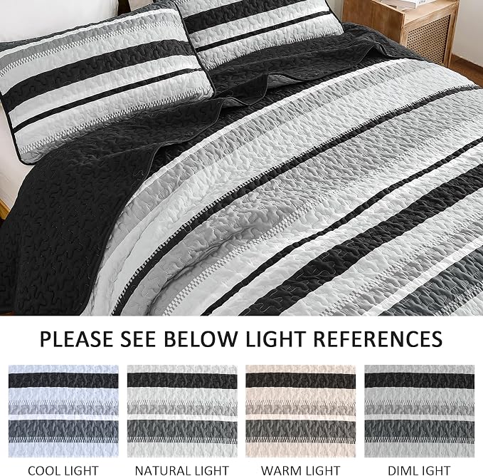 WONGS BEDDING Striped Quilts King Size Set, Black Lightweight Bedspread | Lightweight Microfiber Coverlet, Breathable All-Season, Machine Washable, 3-Piece Set 110"x90", Great for Men Boys Dorm Room
