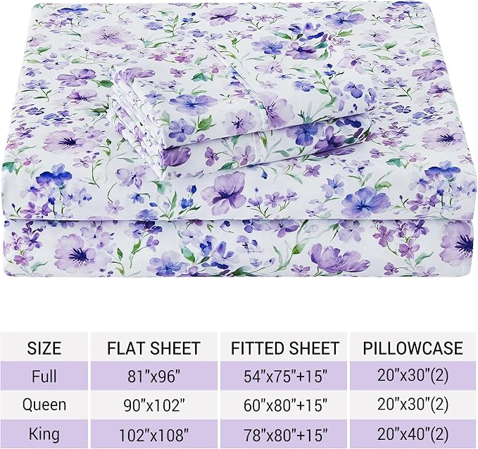 Viviland Floral King Sheet Set - 4 Piece Vintage Lavender Flower and Leaves Patterned Bed Sheets - Soft, Breathable Microfiber Sheets with Deep Pocket, Non-Slip Fitted Sheets & Pillowcases