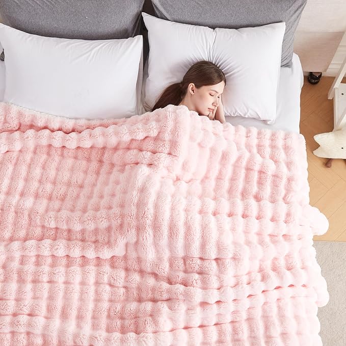 50x60 Inches Ultra-Soft Fuzzy Faux Fur Plush Throw Blanket - Thick, Warm Sherpa for Couch, Sofa, Bedroom, Camping - Decorative Blanket for Cozy Warmth, Bubble Pink