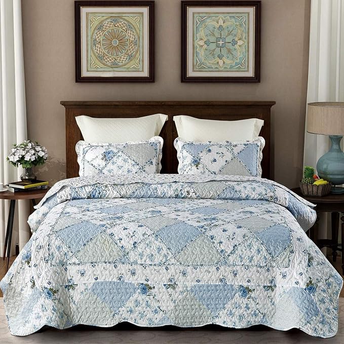 VIVILINEN Blue Floral Patchwork Quilt Set, Full Queen Size, 3 Piece Bedding Set with 2 Pillowcases | 3-Piece Rversible Quilted Bedspread Coverlet Set 87"x95" Lightweight Comforter Bedding Set Bed Cover with 2 Pillow Shams