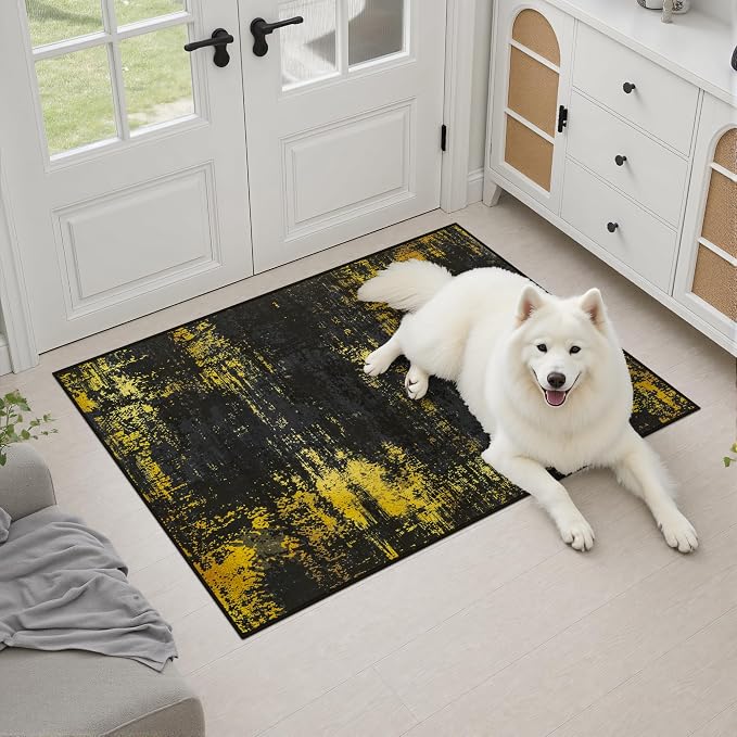 2x3 Washable Entryway Rug: Modern Abstract Soft Carpet Black Gold | For Entrance, Bedroom, Kitchen, Laundry, Bathroom,Door Mat,Modern Abstract,Machine washable,Non-Slip,Stain Resistant,Indoor