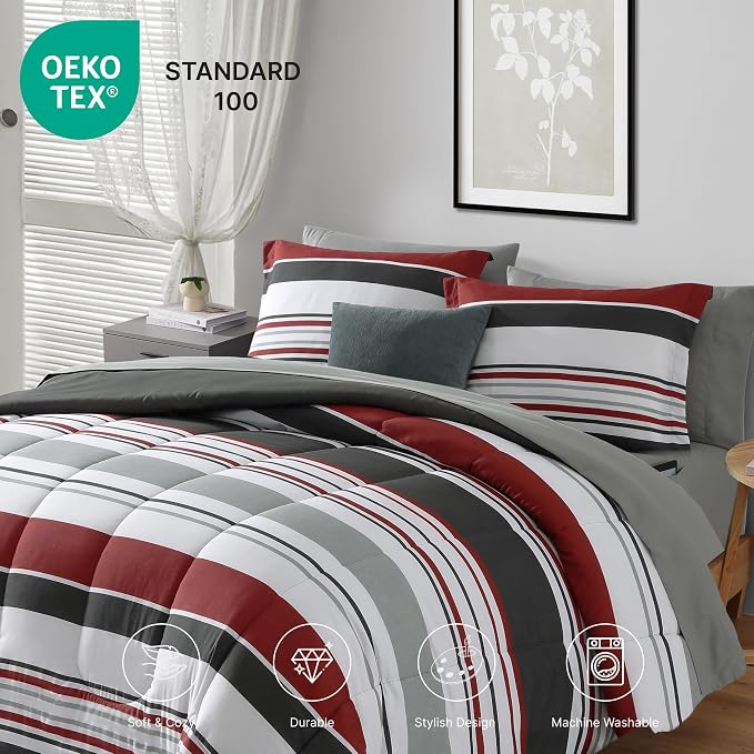 Monbix Full Size Comforter Sets - 7 Pieces Bed in a Bag Full Bedding Set | Red and Black Striped Reversible Soft All Season Comforter Bed Set with Sheets, Pillowcases & Shams