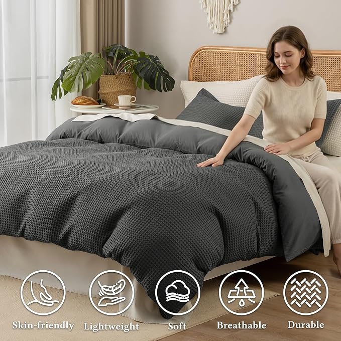 David's Home Soft Textured Waffle Weave Duvet Cover Set, King Size, Grey | Breathable Cozy for All Season, 300GSM, 3PCS Home Bedding Decor, OEKO-TEX Certified, Hidden Zipper, 8 Corner Ties, 104" X 90"
