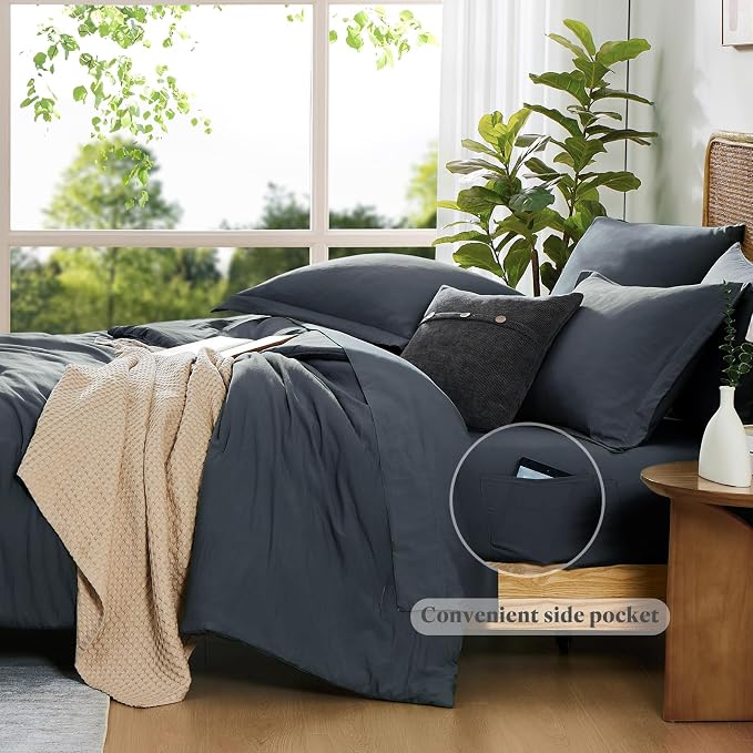 Queen Comforter Set-7 Pieces Soft Prewashed Bed in a Bag Queen Bedding Sets | All Season Comforter with Sheets, Pillow Shams & Pillowcases,Blue Grey