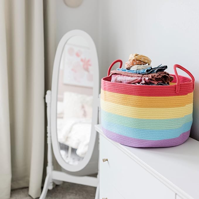 OrganiHaus Rainbow Toy Basket & Blanket Storage Bin, Nursery 20x13" | Rainbow - Round Rainbow Cotton Rope Basket, Nursery 20x13"