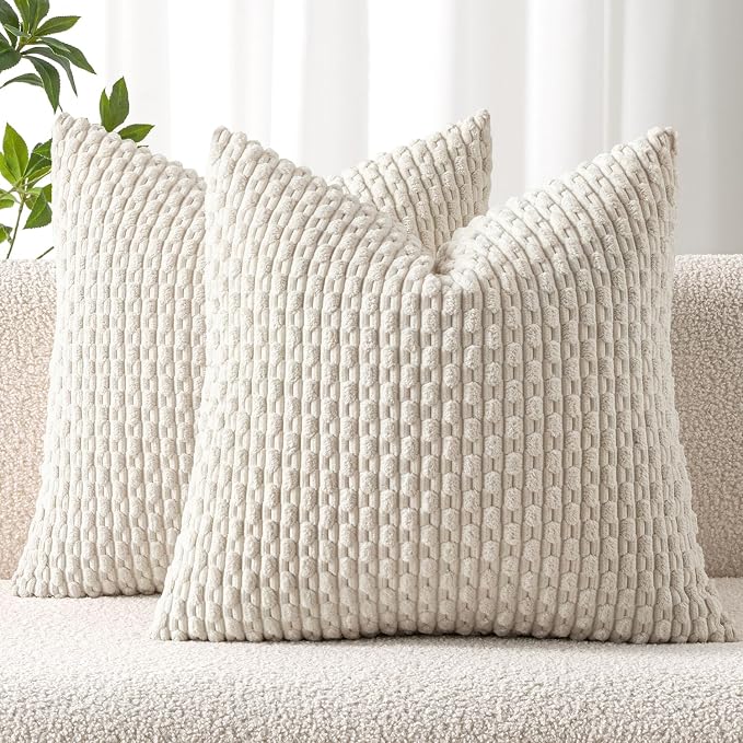 MIULEE Decorative Throw Pillow Covers 16x16 Cream White Textured Corduroy | Pack of 2 Striped Pillow Covers Modern Farmhouse Home Decor for Couch Bed Sofa Living Room