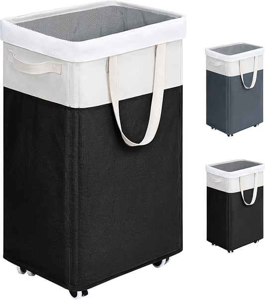 Goodpick 75L Laundry Hamper with Wheels & Removable Wash Bag for Dorm | Rolling Laundry Hamper with Handles for Dirty Clothes, Clothes Hamper, Dorm Room Essentials, Black & White