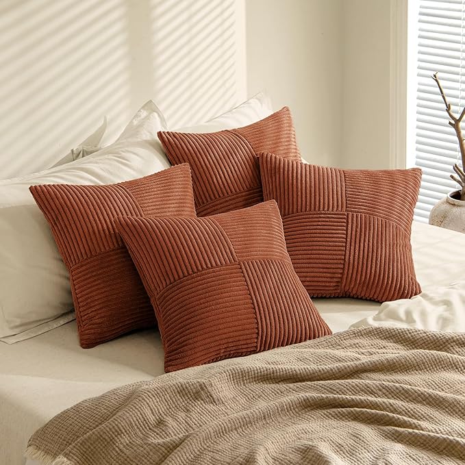 MIULEE Fall Boho Farmhouse Rust Decorative Throw Pillow Covers 18x18 Inch 4 Packs Soft Vintage Pillow Cases Modern Corduroy Patchwork Cushion Covers for Couch Sofa Bed Home Decor, Terracotta