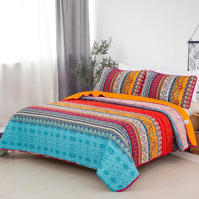 WONGS BEDDING Boho Quilt King Size,3 Pcs Bedspread Set, Orange and Blue | Colorful Bohemian Striped Printed Bedding for All Season, Lightweight Microfiber Coverlet Set with 2 Pillowcases(104"x90")