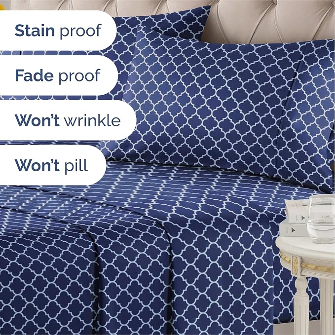Cal King 4 Piece Striped Sheet Set - Breathable & Cooling - Navy Quatrefoil | 1 Flat, 1 Fitted & 2 Pillowcases w/ Deep Pockets, Luxury Striped Bedding, Soft, Breathable & Cooling, Wrinkle & Fade Free