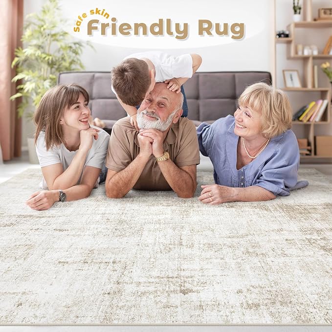 9x12 Area Rugs Washable Rug: Abstract Neutral Rugs Modern Non Slip Area Rug Stain Resistant Low Pile Indoor Carpet for Dining Room Bedroom Nursery Office (Beige, 9'x12')