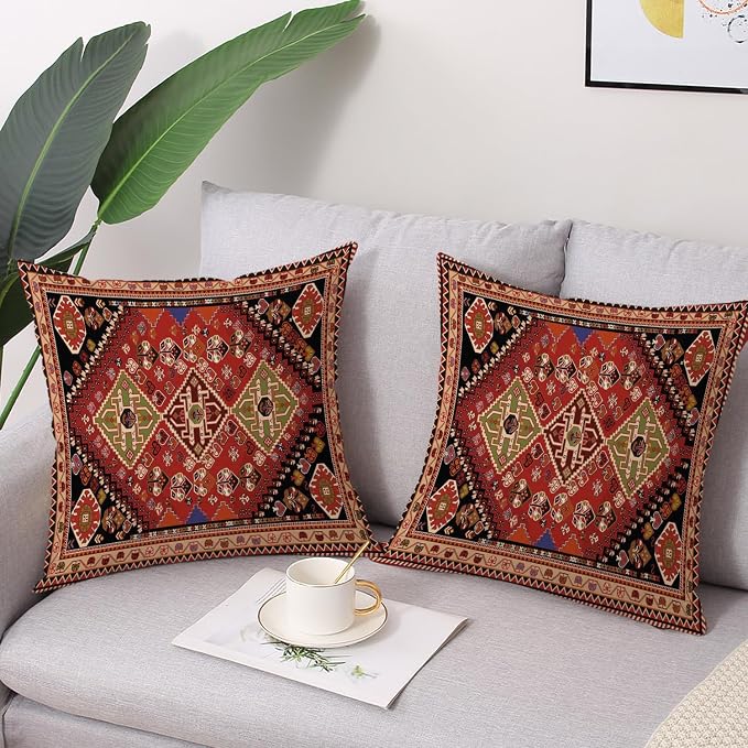 Outdoor Waterproof Pillow Covers 18x18 Inch Set of 2 Tribal Abstract Red and Black Vintage Carpet Pattern Decorative Farmhouse Pillow Covers for Couch Garden Balcony