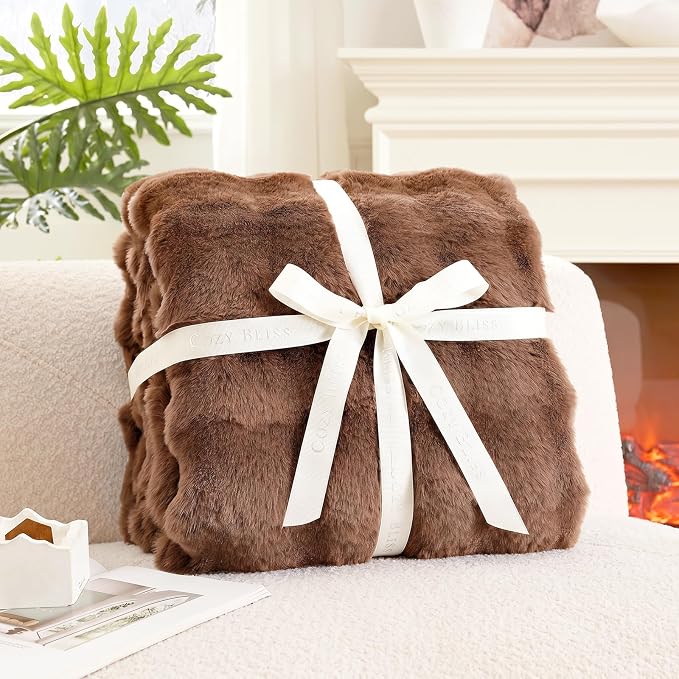 Cozy Bliss Faux Fur Throw Blanket for Couch, Fuzzy Soft Plush Thick Bubble Blanket for Sofa Bedroom Living Room, 60 * 80 Inches Light Brown