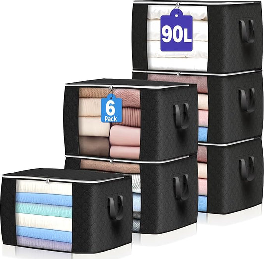 90L Large Storage Bags, 6 Pack Clothes Storage Bins Closet Organizers | Foldable Storage Containers, with Reinforced Handle, for Clothing, Blanket, Comforters, Bed Sheets, Pillows and Toys