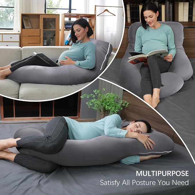 MOON PARK Pregnancy Pillows for Sleeping - U Shaped Full Body Maternity Pillow with Removable Cover - Support for Back, Legs, Belly, Hips - 57 Inch - Dark Grey - Cooling Cover