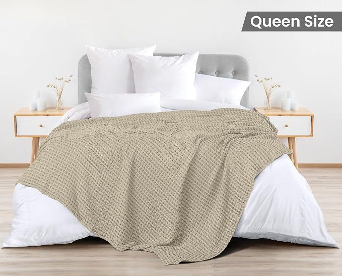 Utopia Bedding 100% Cotton Waffle Blanket Queen Size Khaki, 90x90 Inch | Lightweight Breathable Cozy Summer Bed Blanket Home Decor Gift for Women and Men