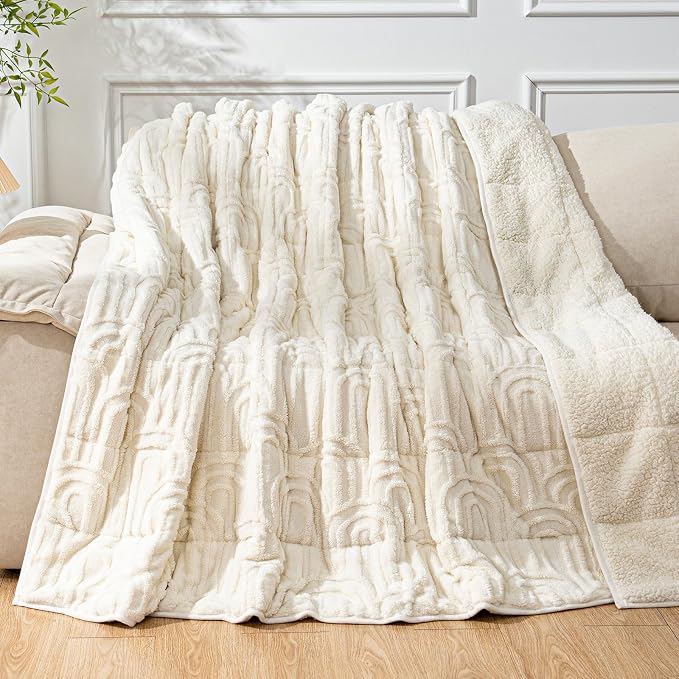 Cottonblue Weighted Blanket for Adults King Size 15lbs 80"x87" Soft Sherpa | Cozy Fleece Jacquard Weighted Blankets Throw for Sleep Calm Relax, Fuzzy Warm Arch Sofa Couch Blanket, Cream White, Washable