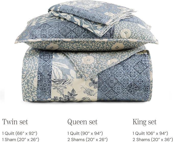 California King Quilt Set-3 Pieces Soft Bedding Floral Patchwork Coverlet | All Seasons Quilts Queen Size for Bed, 1 Quilt (120" x 110") and 2 Shams (20" x 36"), Vintage Bedspread, Blue