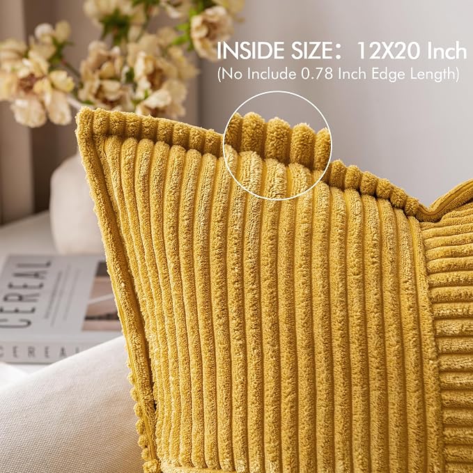 MIULEE Decorative Lumbar Throw Pillow Covers 12x20 Inch Mustard Yellow | 2 Pack, Boho Broadside Striped Patchwork Pillow Covers, Soft Corduroy Cushion Cases, For Couch Sofa Bed Livingroom Home Decor