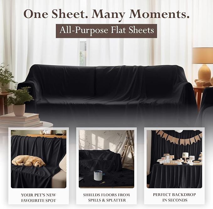 Twin Size Flat Sheet Only, Ultra Soft & Breathable Hotel Sheets, Black | Hotel Bedding, Cooling Comfort, Smooth Feel, Wrinkle & Fade Resistant, Easy Care, Long-Lasting, Machine Washable, OEKO-TEX