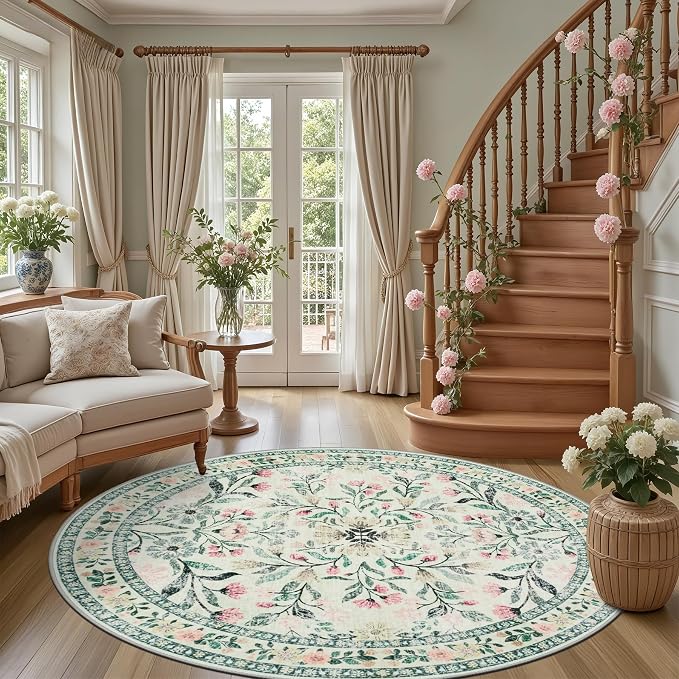 PLHXFR Round Area Rug Living Room: 6 ft Floral Washable Carpet Green Beige | For Bedroom Dining Room Farmhouse Nursery Hallway,Vintage Floral,Machine washable,Non Slip,Stain Resistant,Large Indoor