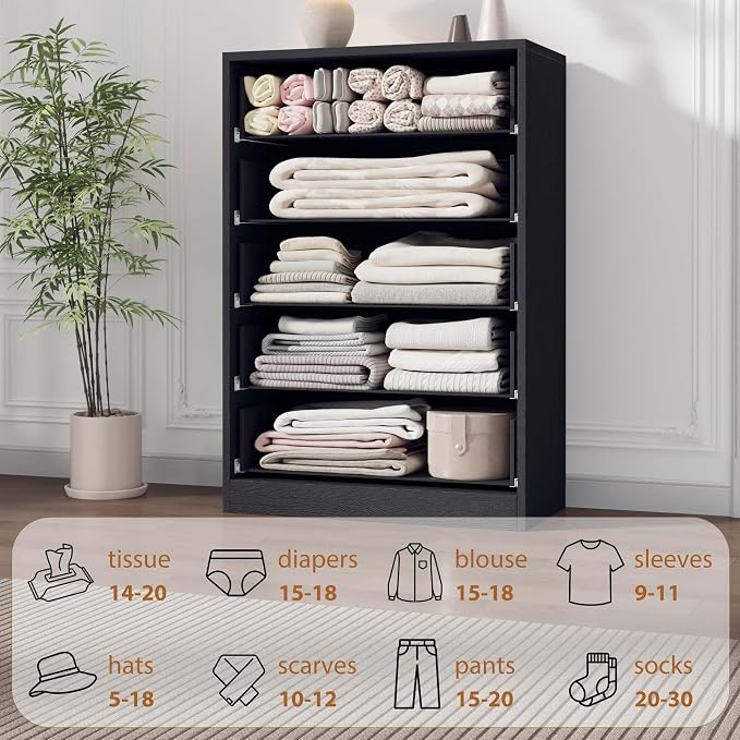 Garvee 5 Dresser for Bedroom, 43.3" Tall Dresser, Freestanding Horizontal Drawer with Storage, Wooden Closet Chest Storage for Living Room, Hallway, Entryway, Black