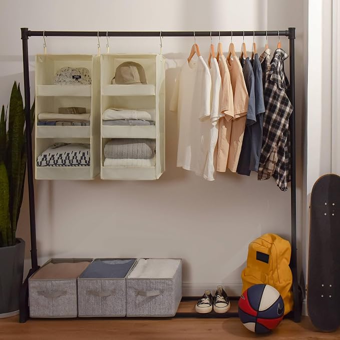 GRANNY SAYS 3-Shelf Hanging Closet Organizer, Foldable Storage, Beige | 33 lb Capacity, No-Sag Support, Keeps Clothes Neat, Folds Flat, Fits RV, Dorm & Small Closets, 2 Pack