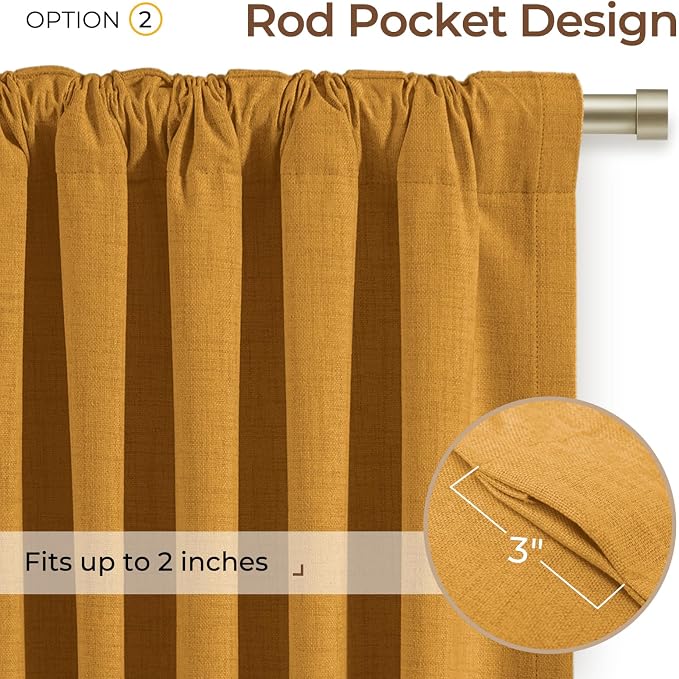 INOVADAY 100% Blackout Linen Curtains for Bedroom 50x90 Dijon Mustard | Linen Textured, Light Blocking, Room Darkening, Thermal Insulated, Back Tab Top, Window Curtains for Living Room, 2 Panels