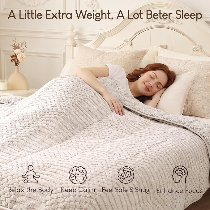 Cottonblue Weighted Blanket 15 lbs for Adults Queen Size Soft Sherpa Fleece | Fuzzy Jacquard Heavy Blankets Throw 60"x80" for Sleep Calm Relax, Cozy Warm Knitted Heavy Blanket for Bed Sofa,Grey & Beige