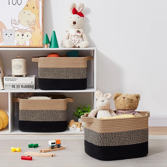 OIASKET Storage Basket for Organizing, Woven Baskets for Storage, Rectangle Decorative Baskets for Shleves, Closet, Toys, Books, Nursery Organizer Bins - Pack of 3 (Black & Brown, 13"x9.85"x8.7")