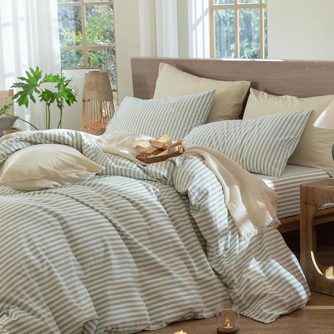 MooMee Striped Duvet Cover Set 100% Washed Cotton Linen Like Super King | Relaxed Linen-like Texture. Soft, Breathable & Long-lasting Comfort. Lightweight. Hidden Zipper with 8 Interior Corner Ties