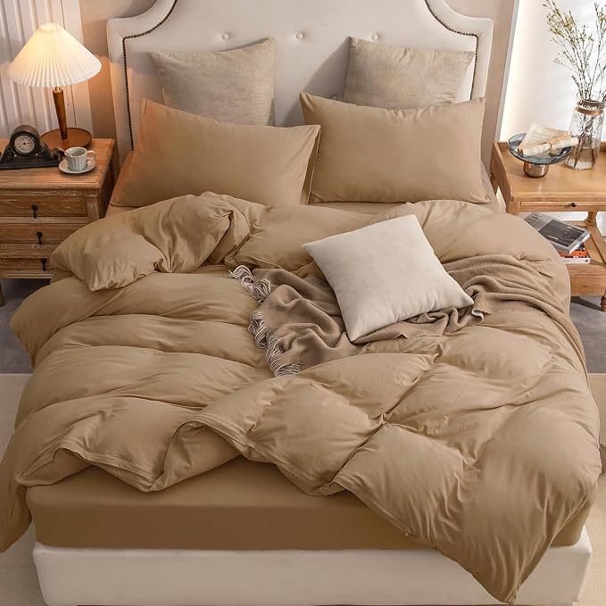 PURE ERA Jersey Knit Sheet Set Solid Toffee Brown Queen | 100% Cotton, 3 Piece Set, T Shirt Soft, Breathable, Envelope Closure Pillowcases, Hidden Zipper, 8 Ties, No Insert, Modern