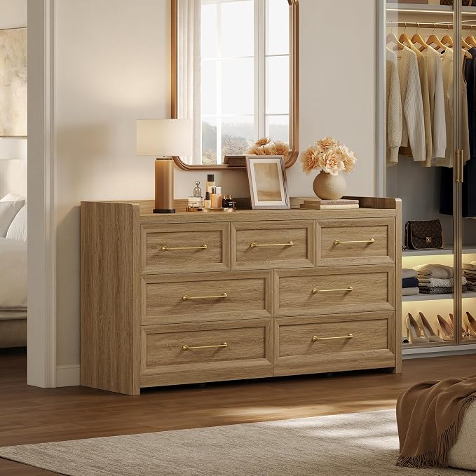 SICOTAS Dresser for Bedroom with 7 Drawers, 56.5" Wide Large Modern Dresser | Chest of Drawers for Living Room, Closet Clothes Storage Organizer Smooth Sliding Drawers, Brown Oak