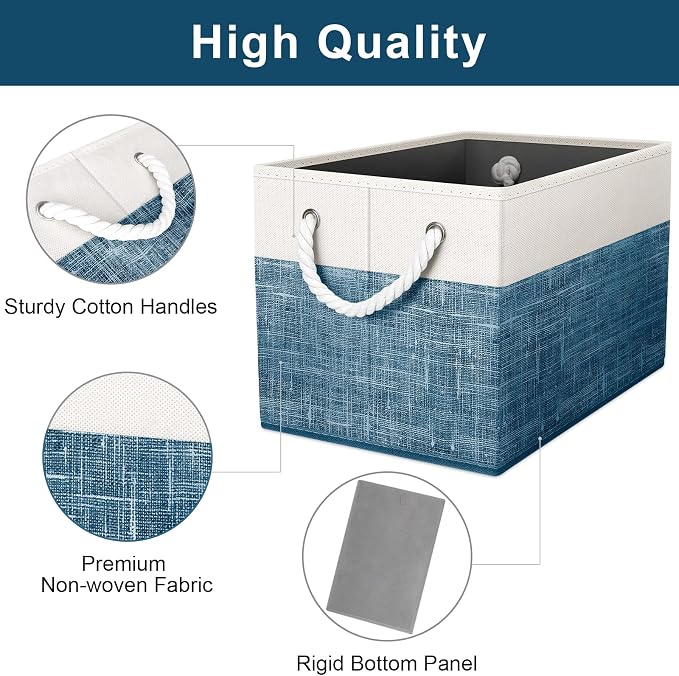 Storage Bins 2-Pack, Foldable Storage Baskets for Organizing Toys, Books, Shelves, Closet, Large Storage Box with Rope Handles, Sturdy Organizer Bins, White & Blue