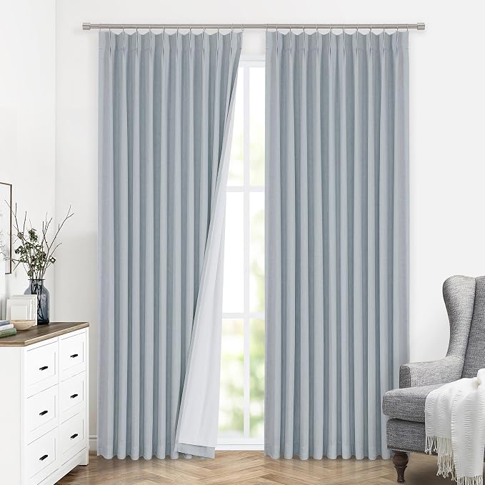 Vision Home Blue Fog Pinch Pleated Full Blackout Curtains Linen Blended Room Darkening Window Curtains 108 inch for Living Room Bedroom Thermal Insulated Pinch Pleat Drapes with Hooks 60" Wx108 Lx1