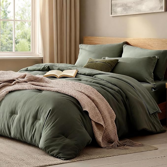 Twin XL Comforter Set- 5 Pieces Olive Green Twin XL Bedding Sets with 1 Fitted Sheet, 1 Flat Sheet, 1 Pillow Sham and 1 Pillowcase