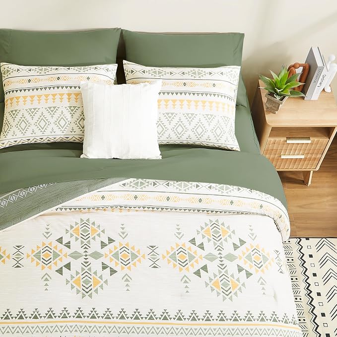 King Size Comforter Set - 7 Pieces Western Bedding Reversible Bed in a Bag | Boho Bedding, All Season Aztec Bed Set with Comforter, Sheets, Pillowcases & Shams, Olive Green